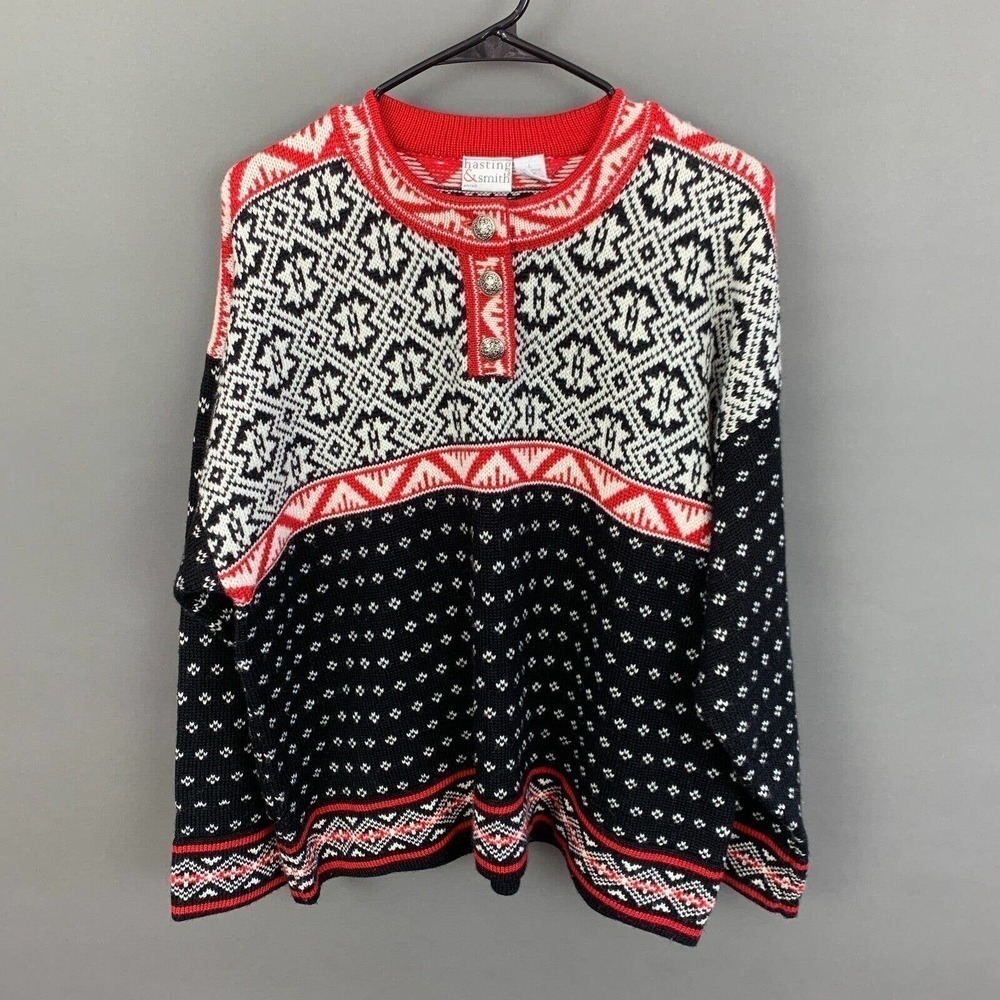 EUC HASTINGS & Smith Red Black White Holiday Sweater Wool Blend Womens Large